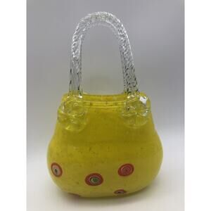 Murano Italian Blown Glass Yellow Purse with Clear Rope Blown Glass Handles Deco